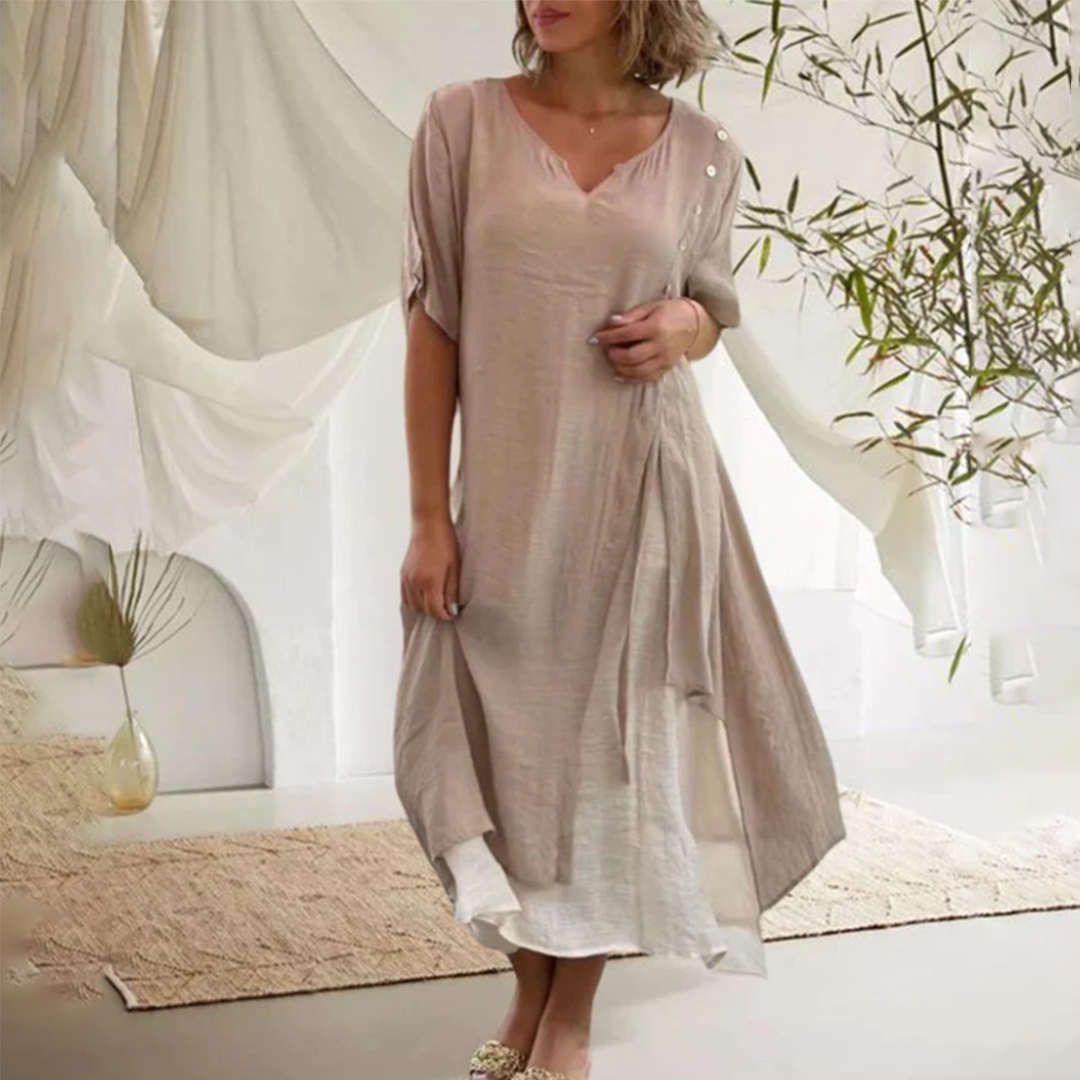 Casual V-Neck Midi Dress Flowy Button Detail Design - Product detail 6