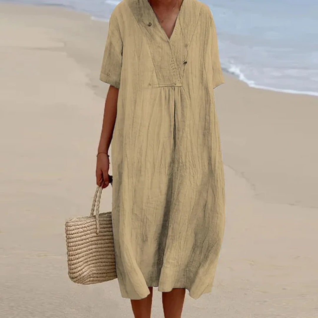 Summer Linen Midi Dress V-Neck Loose Fit Design - Product example