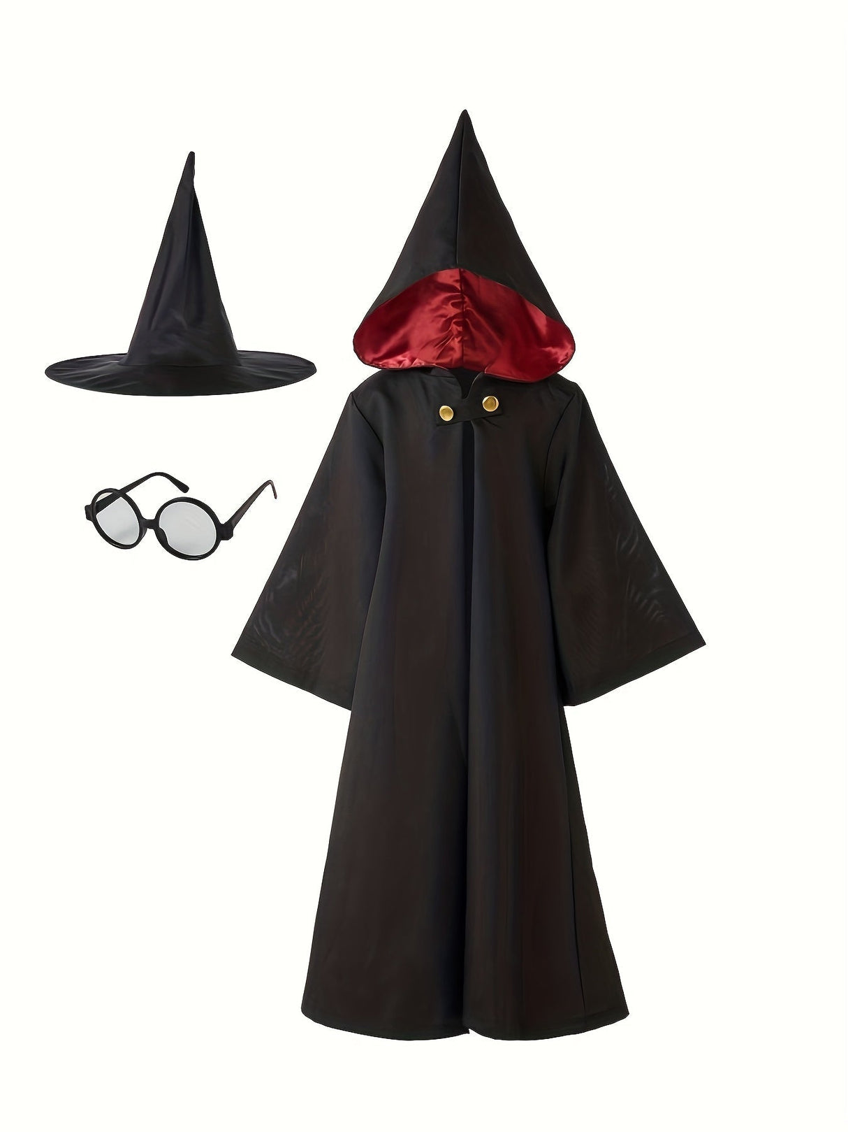 Kids Wizard Costume Set  Black Robe With Red Hood Lining - Product showcase