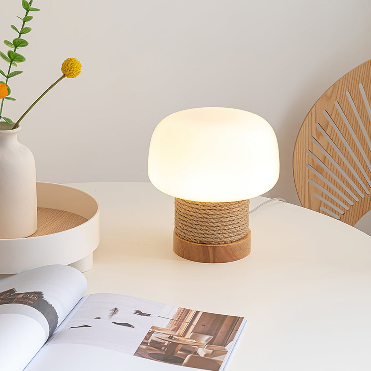 Modern Table Lamp Glass Shade with Hemp Cord Base - Product example