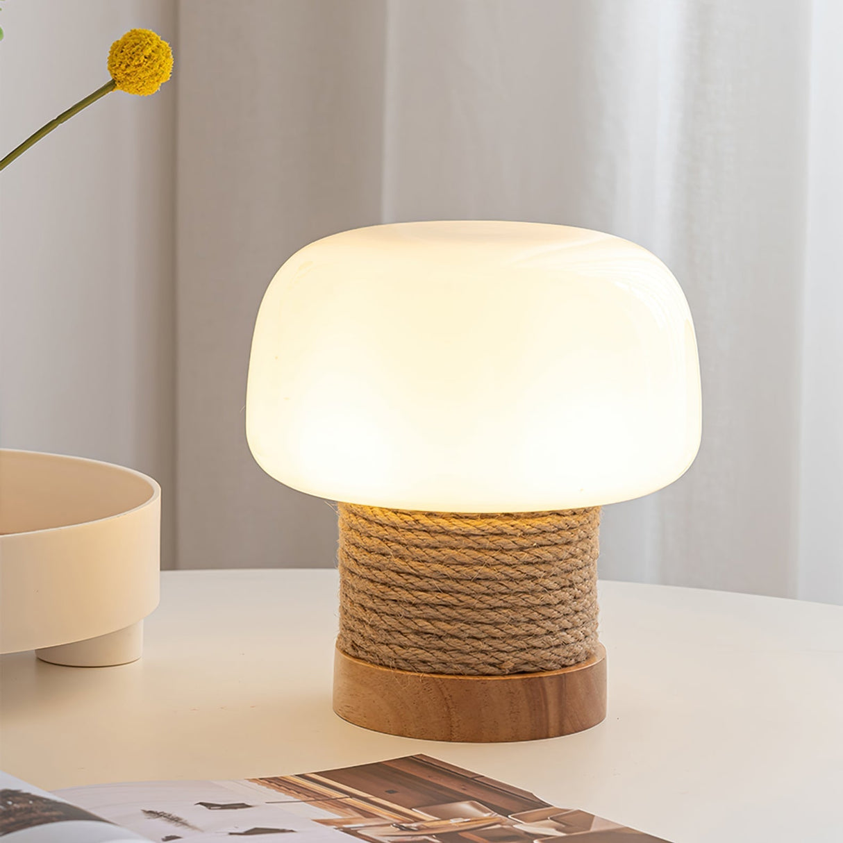 Modern Table Lamp Glass Shade with Hemp Cord Base - Detailed view