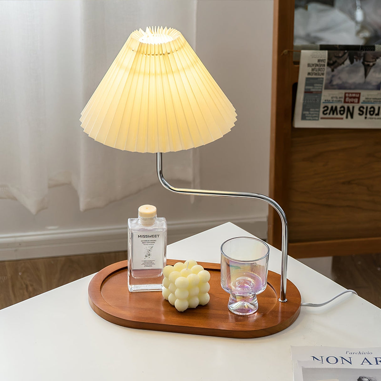 Modern Table Lamp Wood Base with Pleated Shade - Detailed view