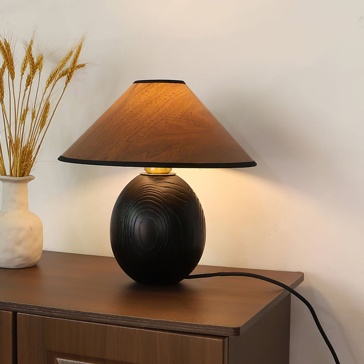 Wooden Table Lamp Black Base with Walnut Shade - Detailed view