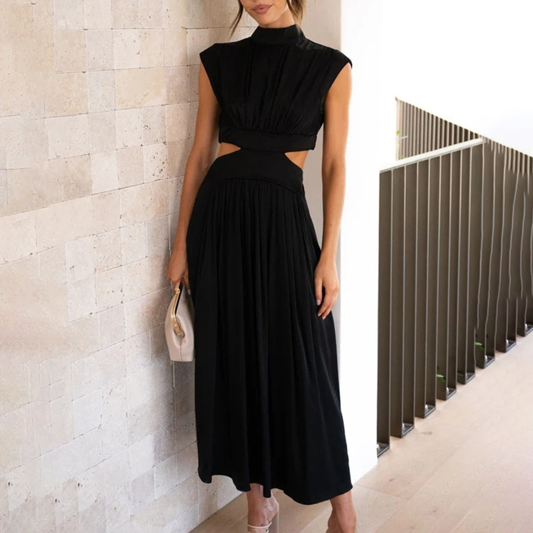 Modern Cutout Maxi Dress High Neck Pleated Design - Product showcase