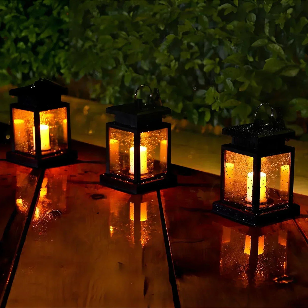 Solar Garden Lantern  Black Metal Frame With LED Candle - Detailed view