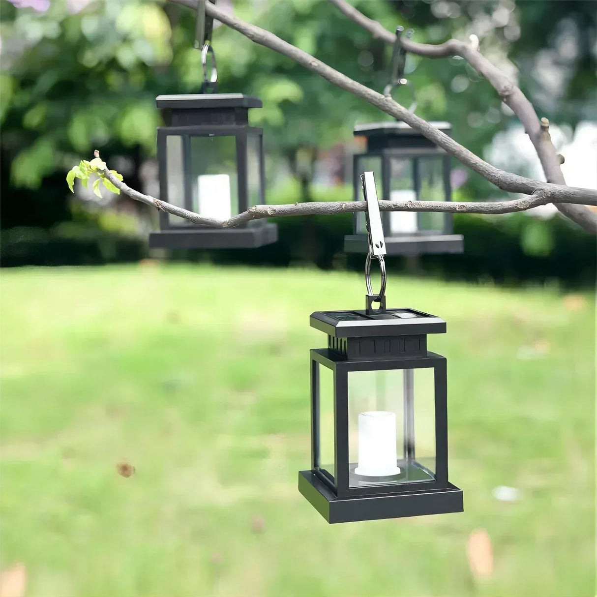 Solar Garden Lantern  Black Metal Frame With LED Candle - Product example