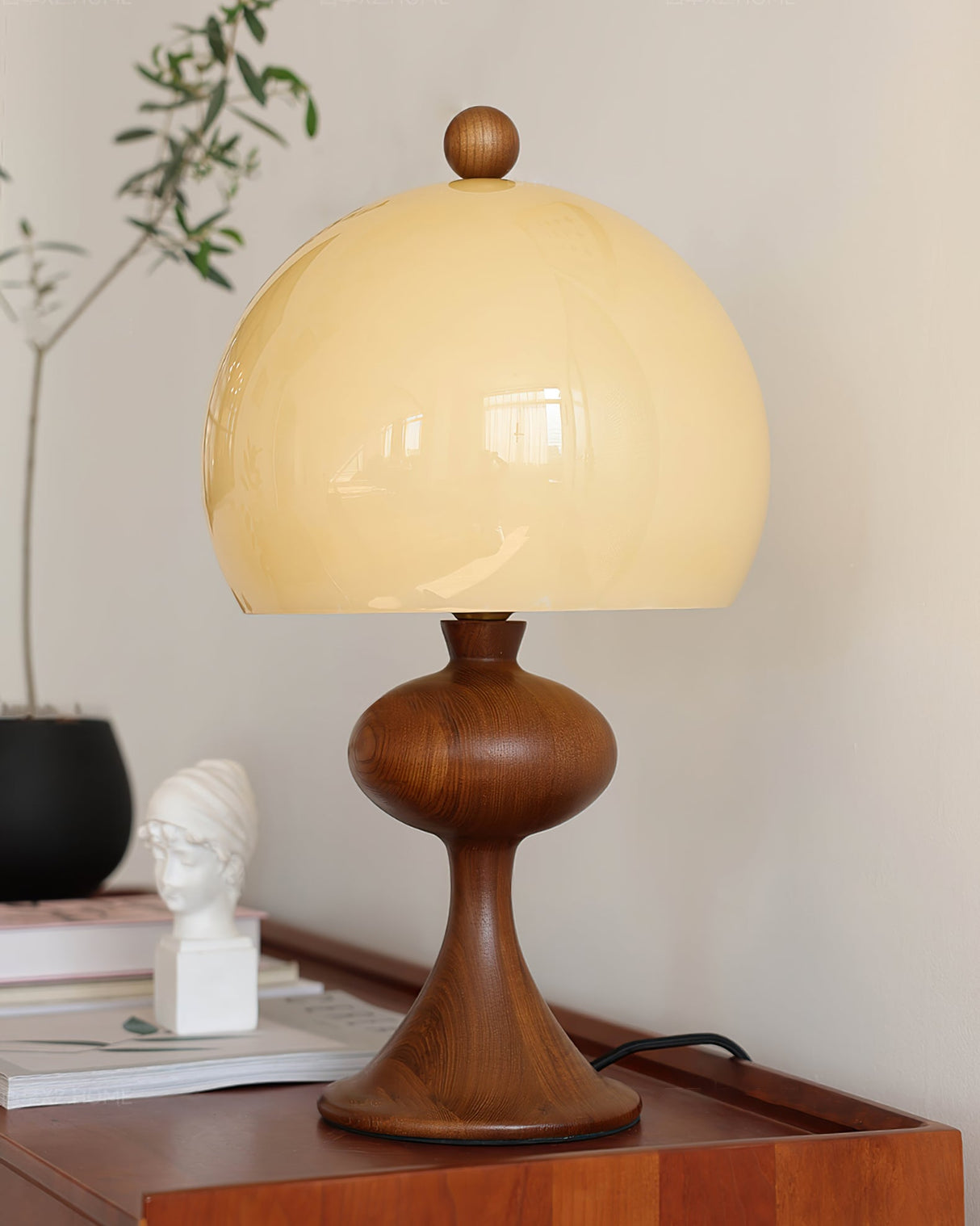 Mid Century Table Lamp Glass Dome Wood Base - Product example