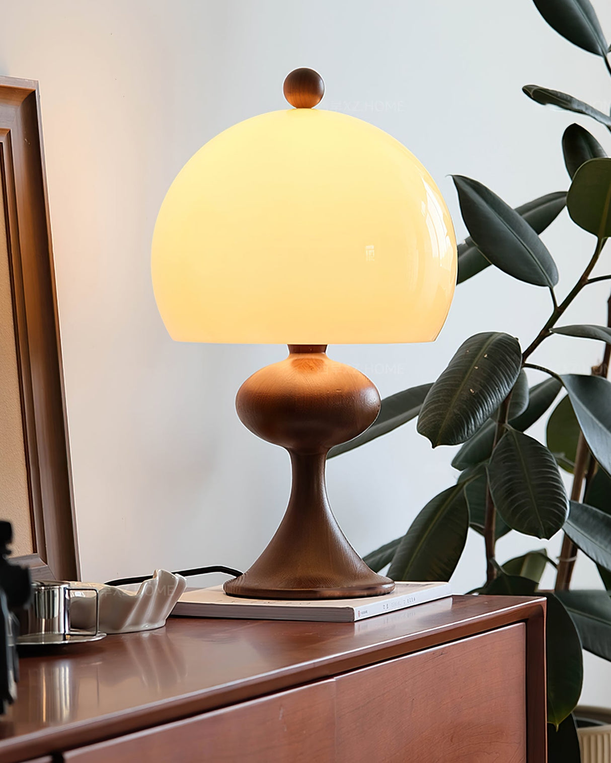 Mid Century Table Lamp Glass Dome Wood Base - Product detail 7