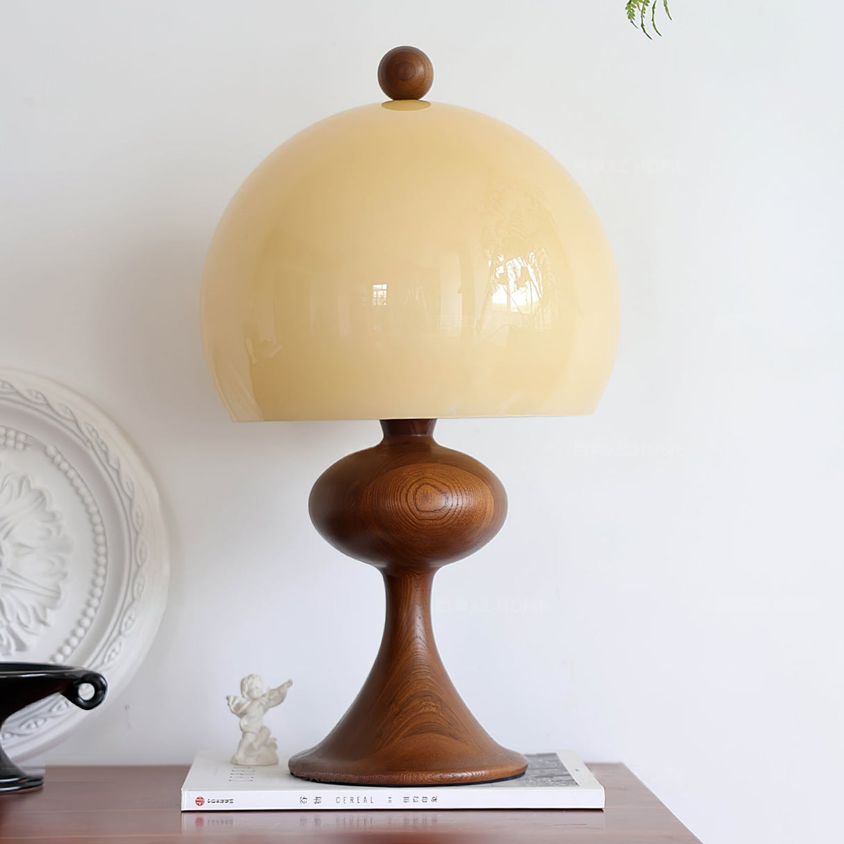 Mid Century Table Lamp Glass Dome Wood Base - Detailed view