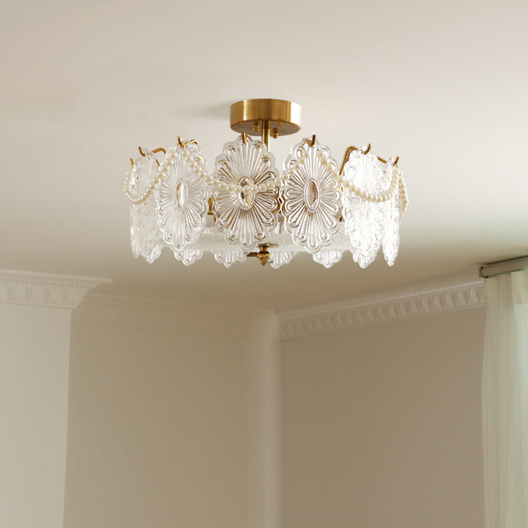 Floral Glass Ceiling Light Brass Frame with Petal Design - Detailed view