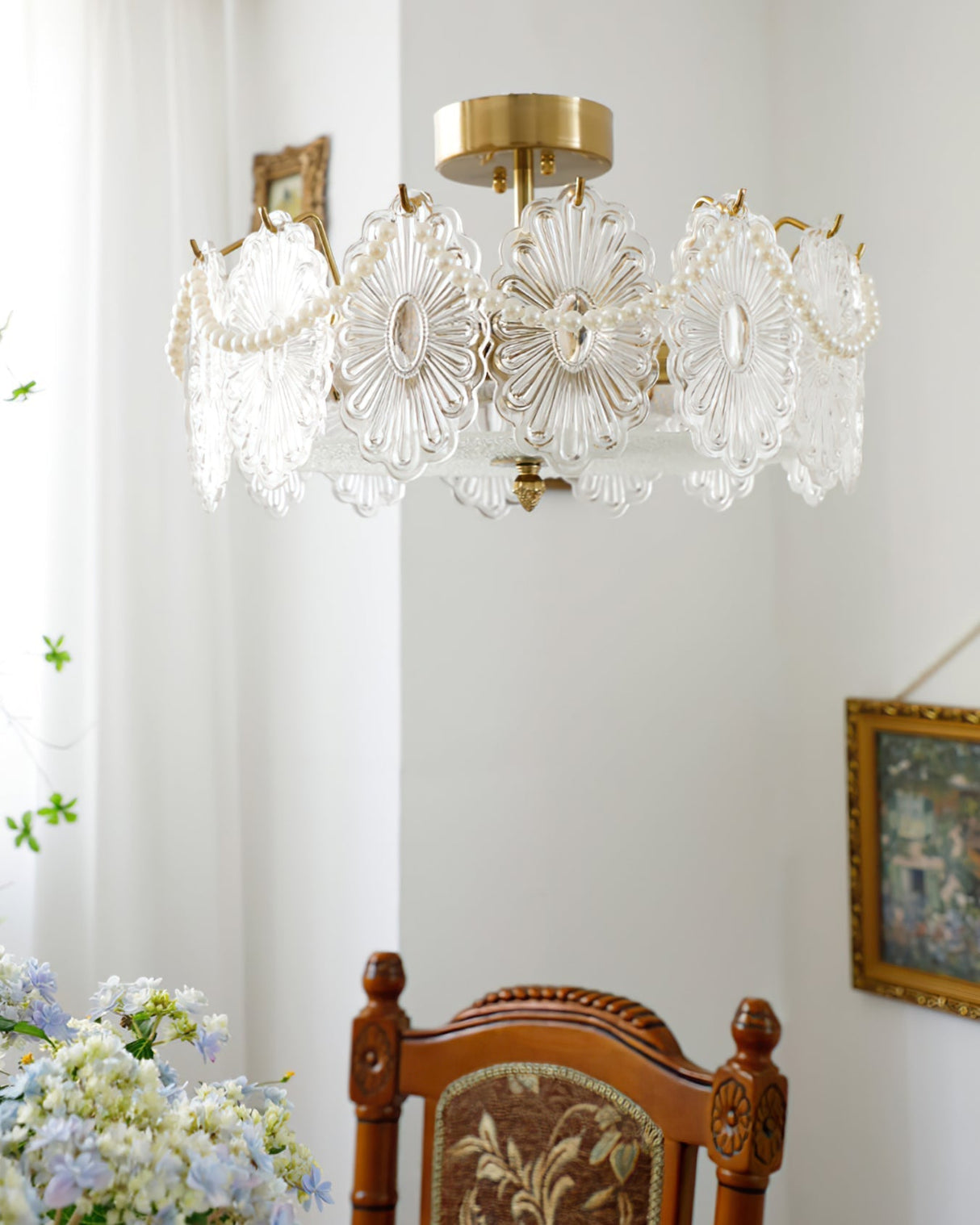 Floral Glass Ceiling Light Brass Frame with Petal Design - Product example