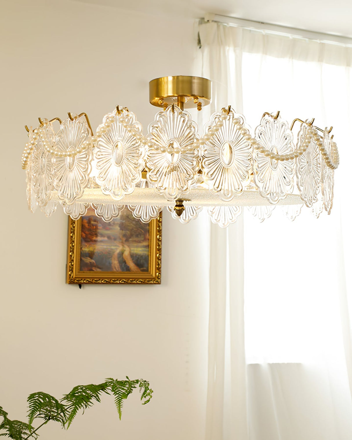 Floral Glass Ceiling Light Brass Frame with Petal Design - Product detail 7
