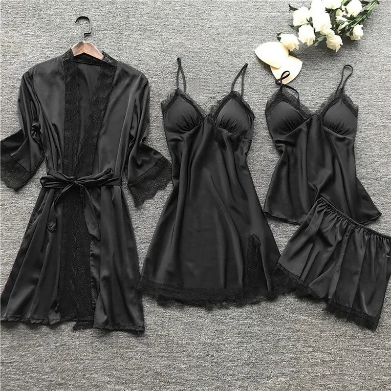 Luxury Silk Sleepwear Set Lace Trim Kimono With Cami Shorts - Product detail 5