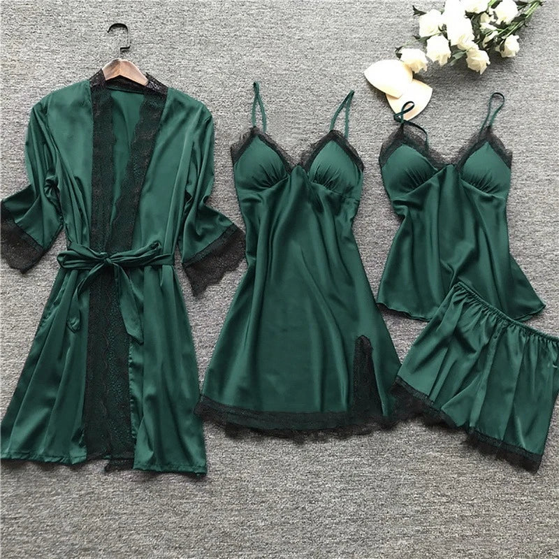 Luxury Silk Sleepwear Set Lace Trim Kimono With Cami Shorts - Product detail 6