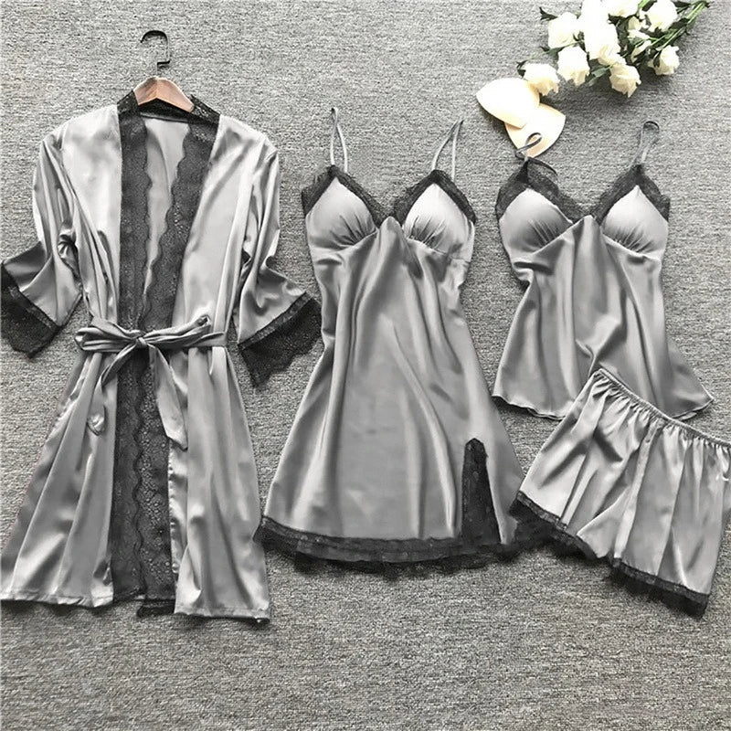 Luxury Silk Sleepwear Set Lace Trim Kimono With Cami Shorts - Product example