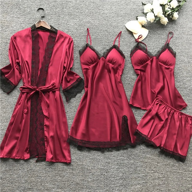 Luxury Silk Sleepwear Set Lace Trim Kimono With Cami Shorts - Detailed view