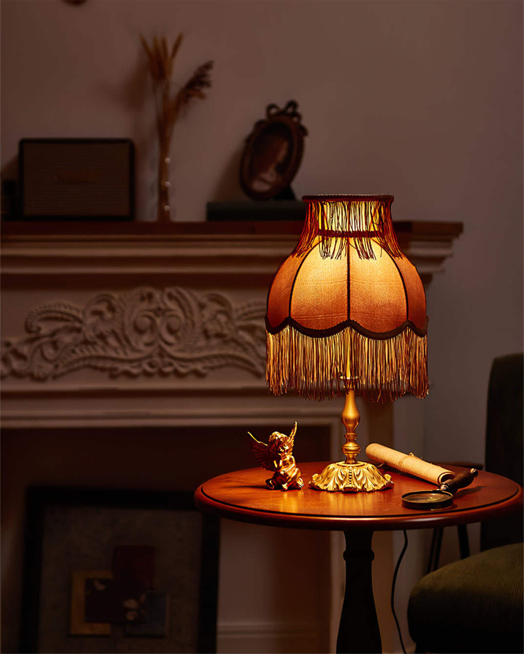 Vintage Table Lamp Brass Base with Fringed Velvet Shade - Product detail 27