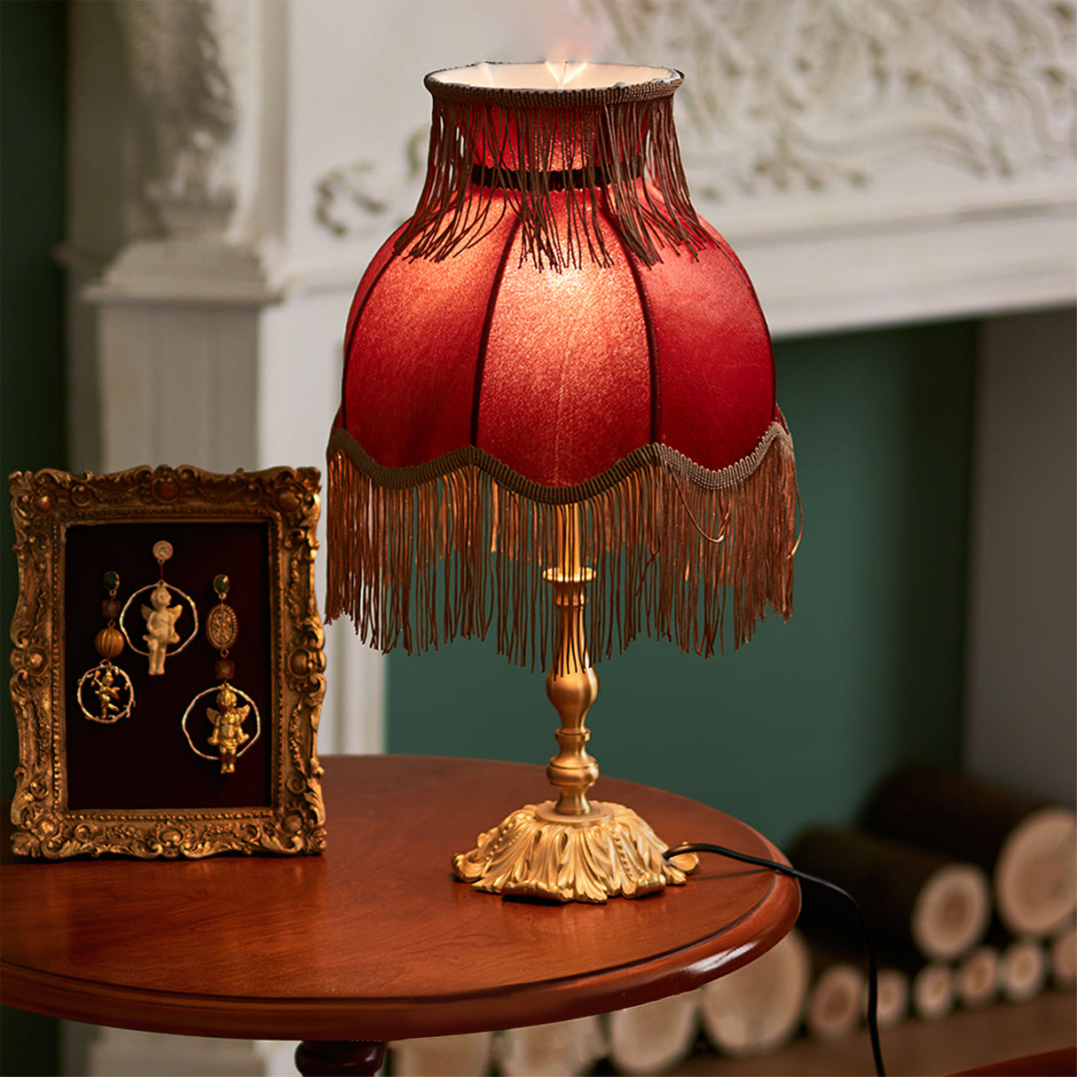 Vintage Table Lamp Brass Base with Fringed Velvet Shade - Product detail 8