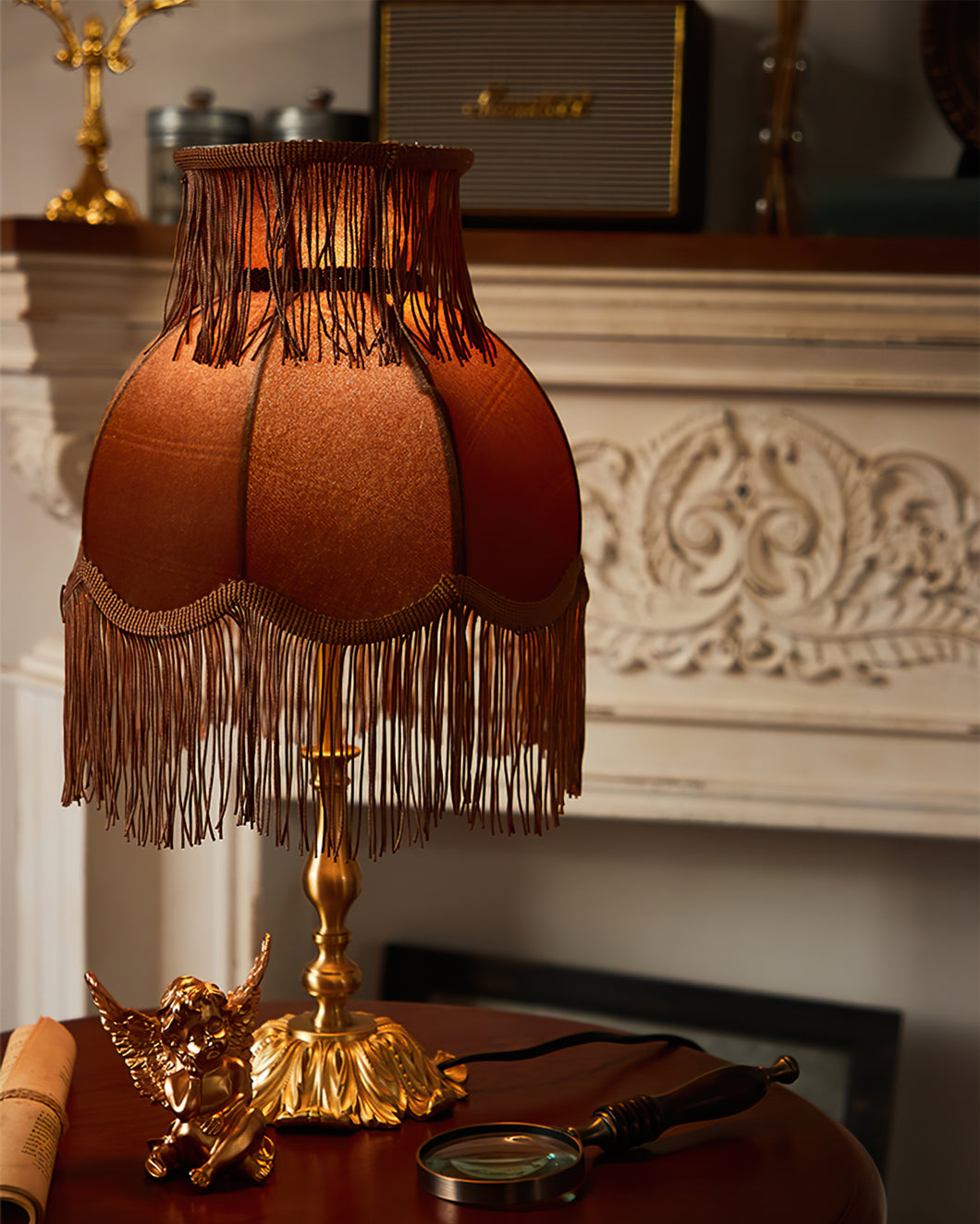 Vintage Table Lamp Brass Base with Fringed Velvet Shade - Product detail 7