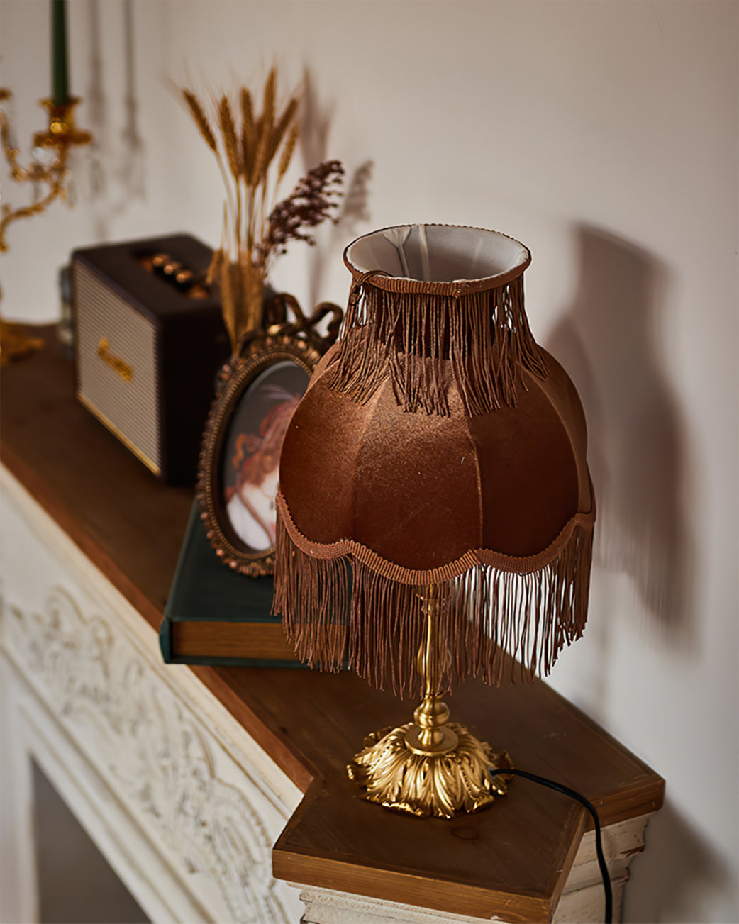 Vintage Table Lamp Brass Base with Fringed Velvet Shade - Product detail 6