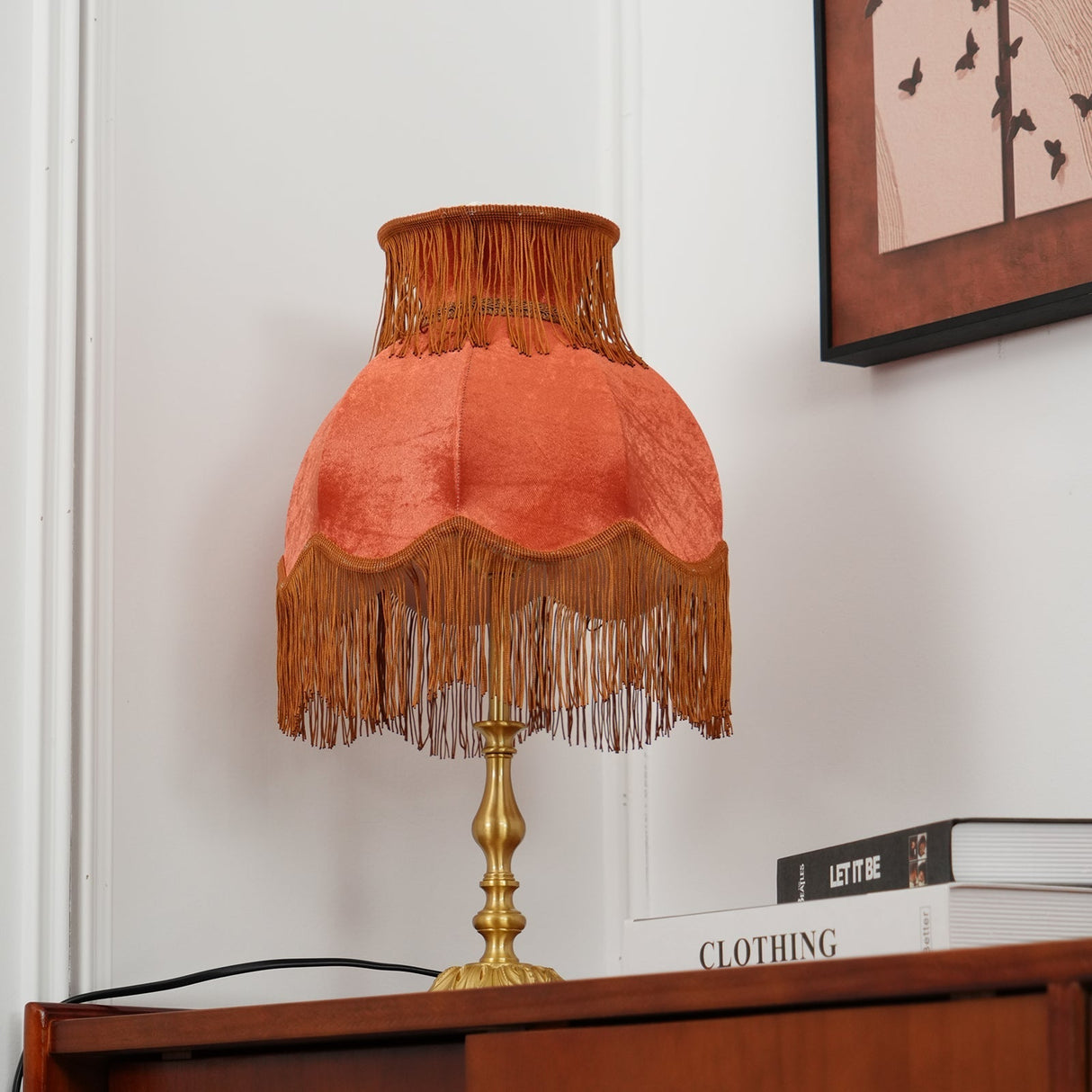 Vintage Table Lamp Brass Base with Fringed Velvet Shade - Product detail 11
