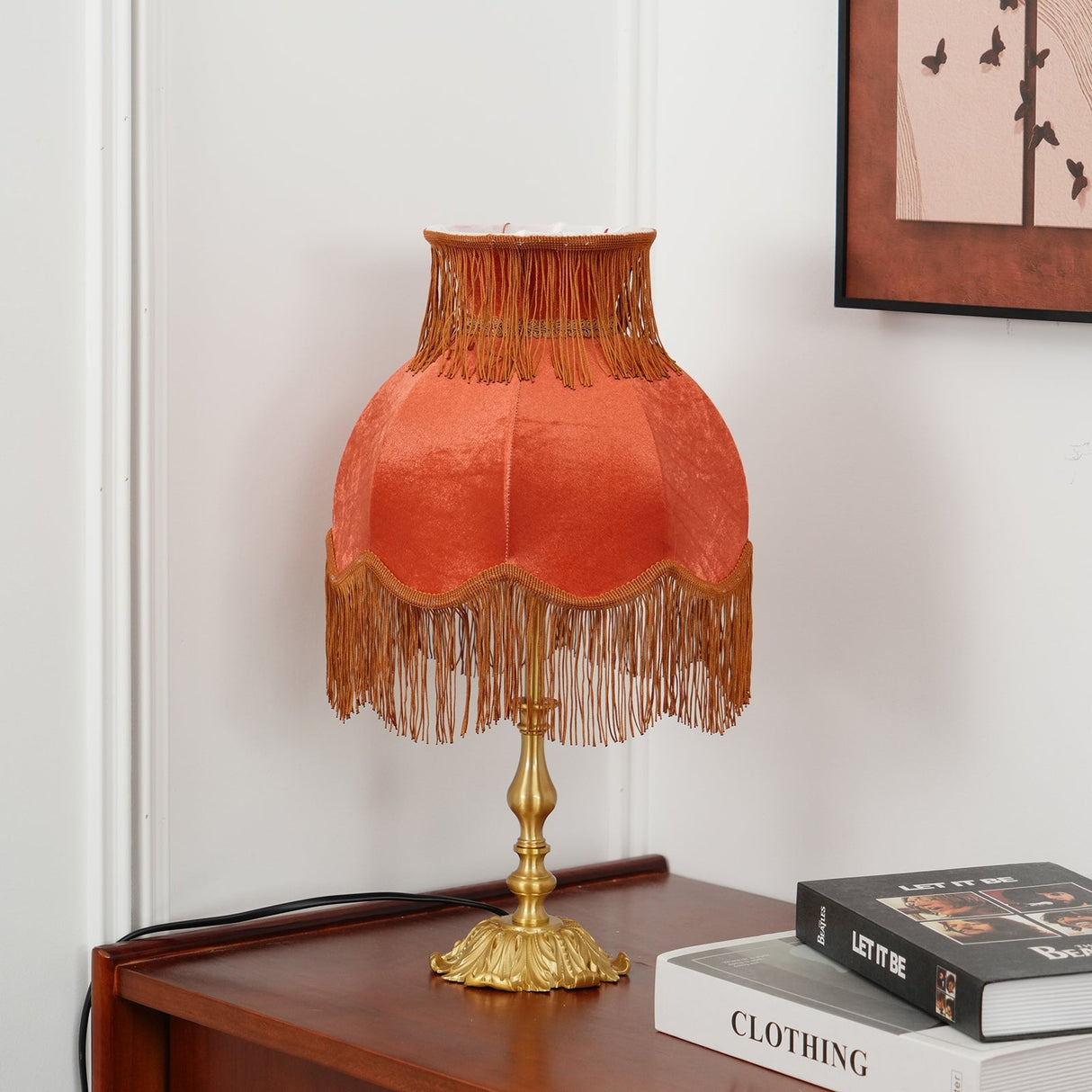 Vintage Table Lamp Brass Base with Fringed Velvet Shade - Product detail 10