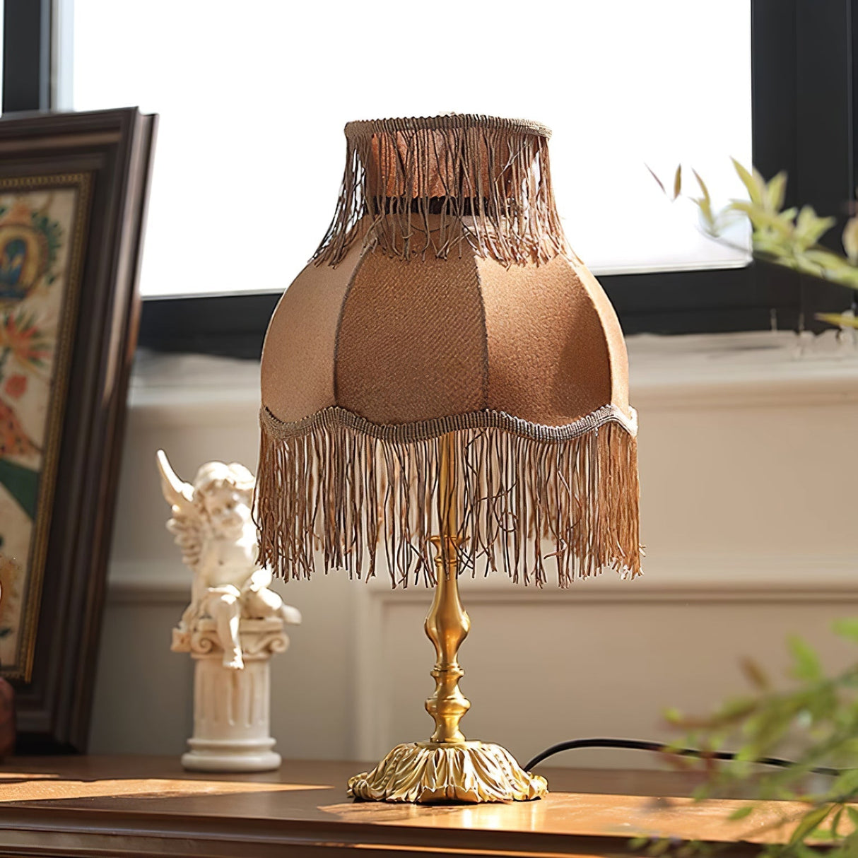 Vintage Table Lamp Brass Base with Fringed Velvet Shade - Product example