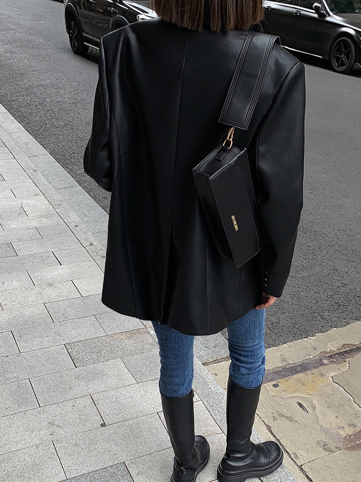 Faux Leather Blazer Classic Lapel Design with Front Pockets - Product example