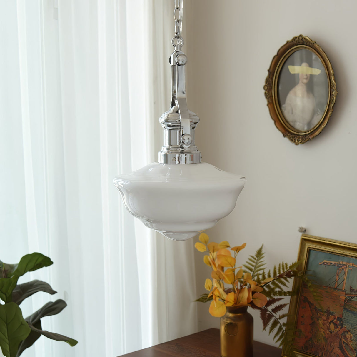 Vintage Schoolhouse Pendant Light Opal Glass Shade - Product detail 16