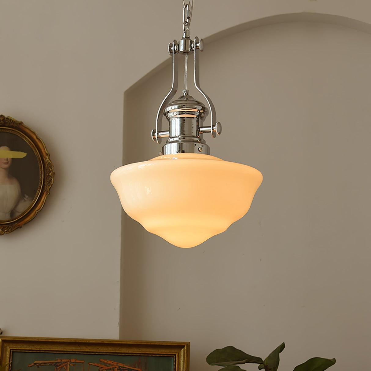 Vintage Schoolhouse Pendant Light Opal Glass Shade - Product showcase