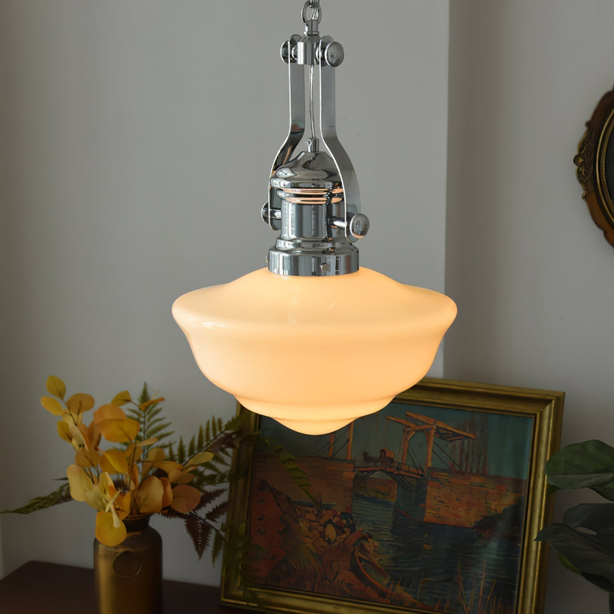 Vintage Schoolhouse Pendant Light Opal Glass Shade - Detailed view