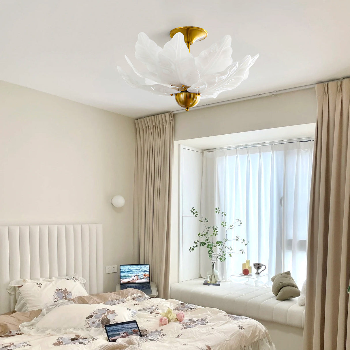 Glass Leaf Ceiling Light White Petal Design With Brass Accents - Product detail 8