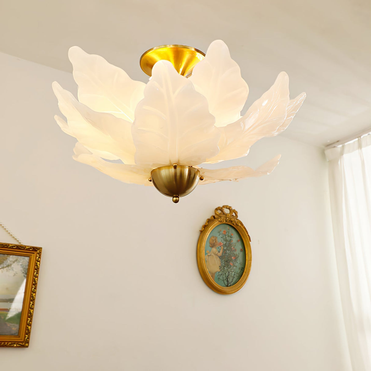 Glass Leaf Ceiling Light White Petal Design With Brass Accents - Product detail 9