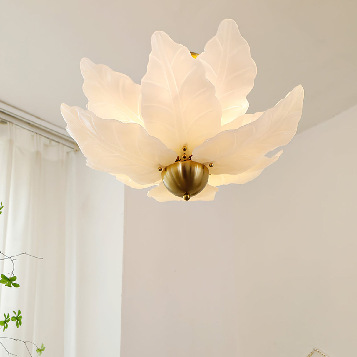 Glass Leaf Ceiling Light White Petal Design With Brass Accents - Product example