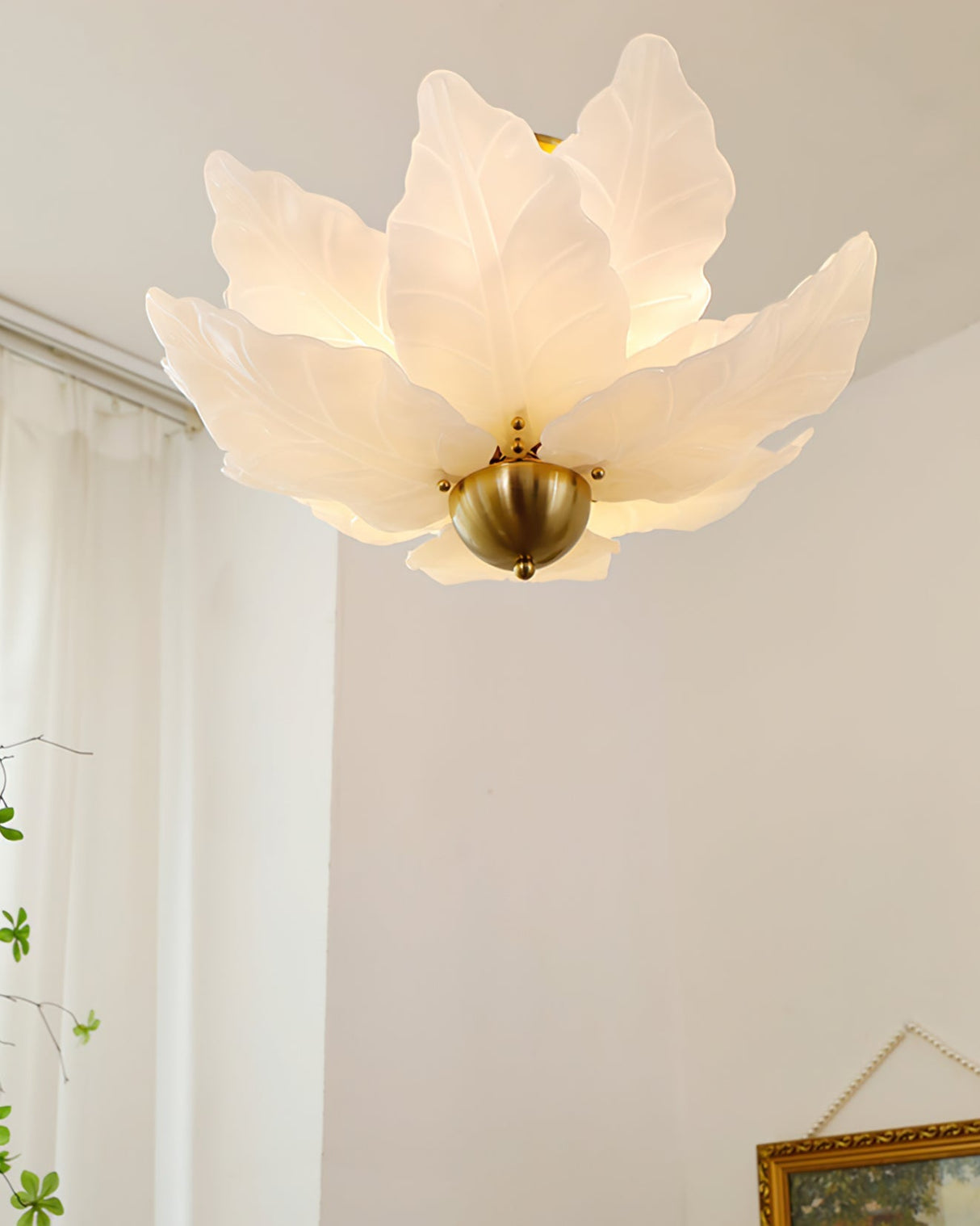 Glass Leaf Ceiling Light White Petal Design With Brass Accents - Product detail 7