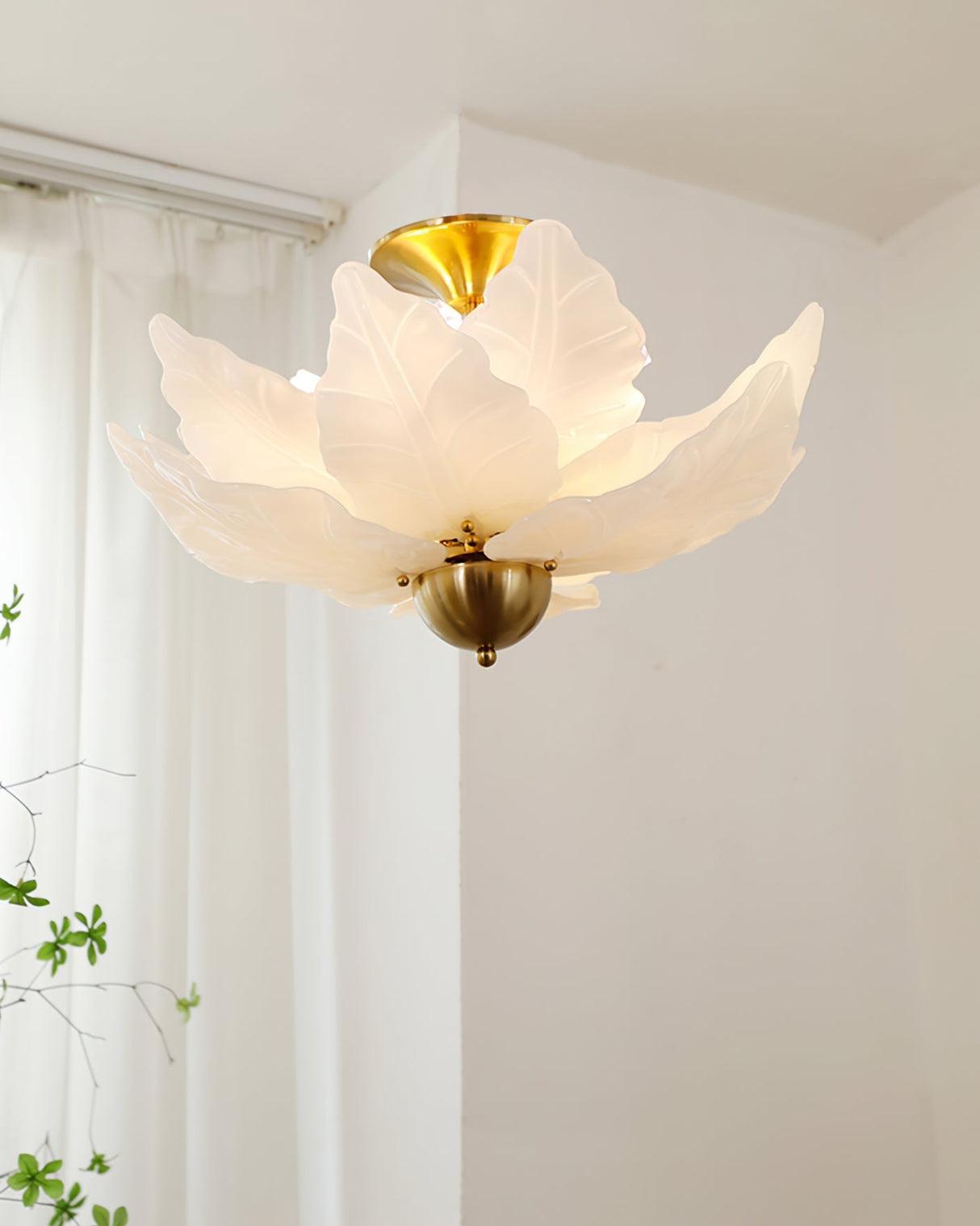 Glass Leaf Ceiling Light White Petal Design With Brass Accents - Product detail 5