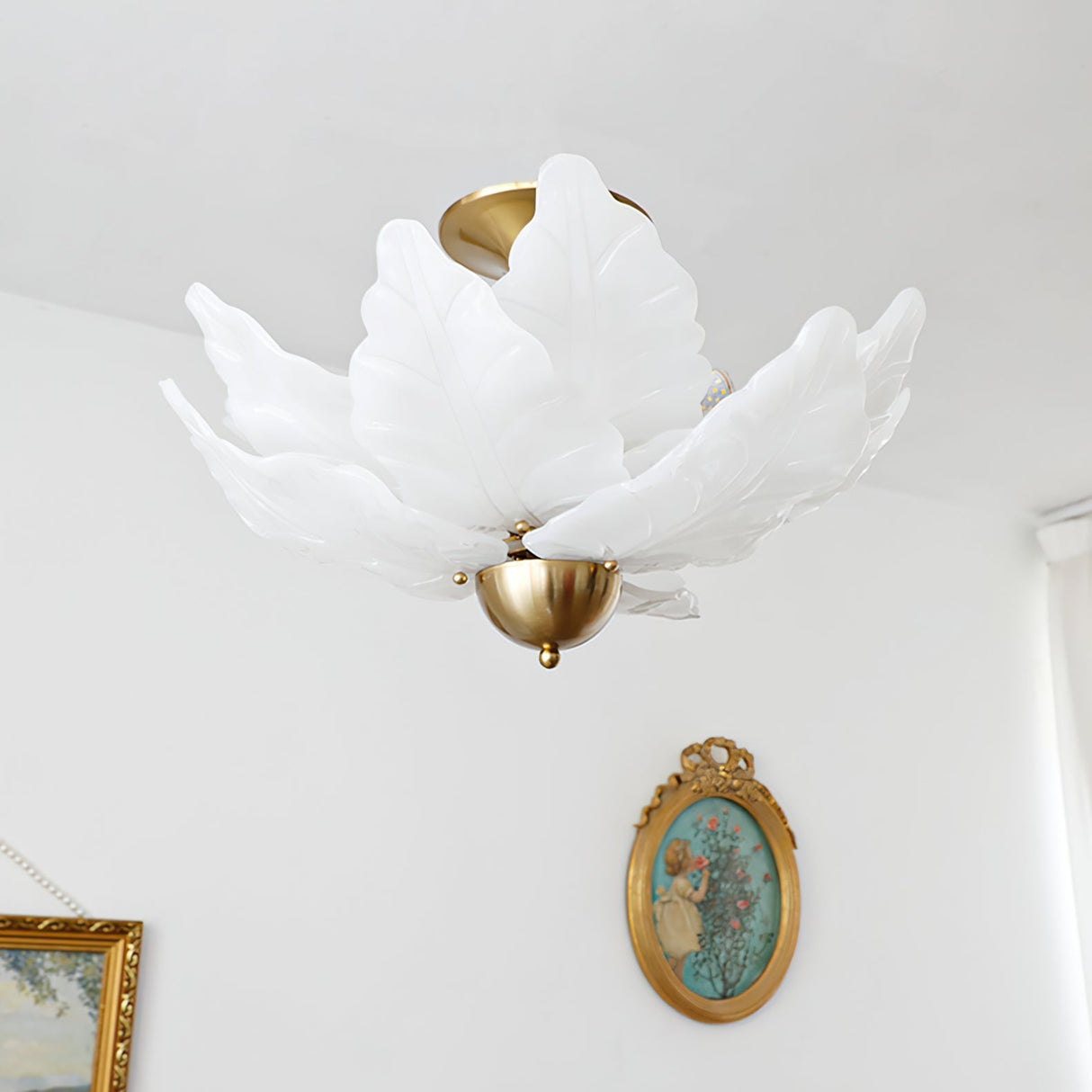 Glass Leaf Ceiling Light White Petal Design With Brass Accents - Product detail 4