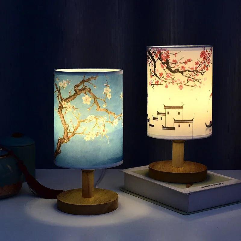 Japanese Cherry Blossom Table Lamp  Natural Wood Base with Fabric Shade - Product example
