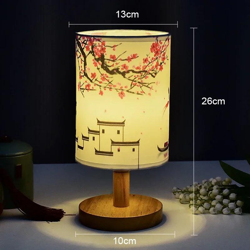 Japanese Cherry Blossom Table Lamp  Natural Wood Base with Fabric Shade - Product detail 6
