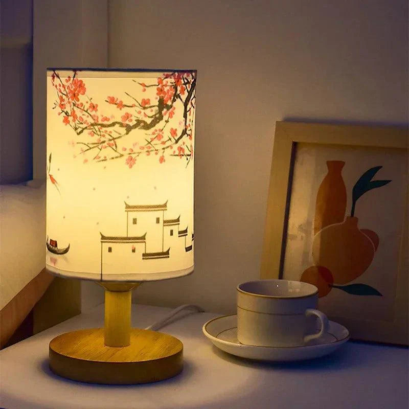 Japanese Cherry Blossom Table Lamp  Natural Wood Base with Fabric Shade - Product detail 8