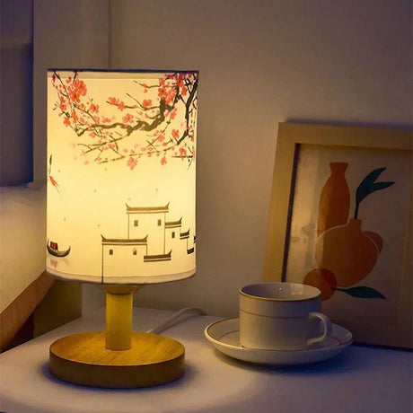 Japanese Cherry Blossom Table Lamp  Natural Wood Base with Fabric Shade - Product detail 8