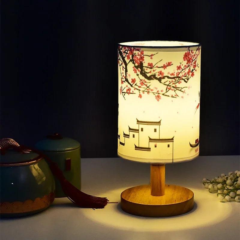 Japanese Cherry Blossom Table Lamp  Natural Wood Base with Fabric Shade - Product detail 4