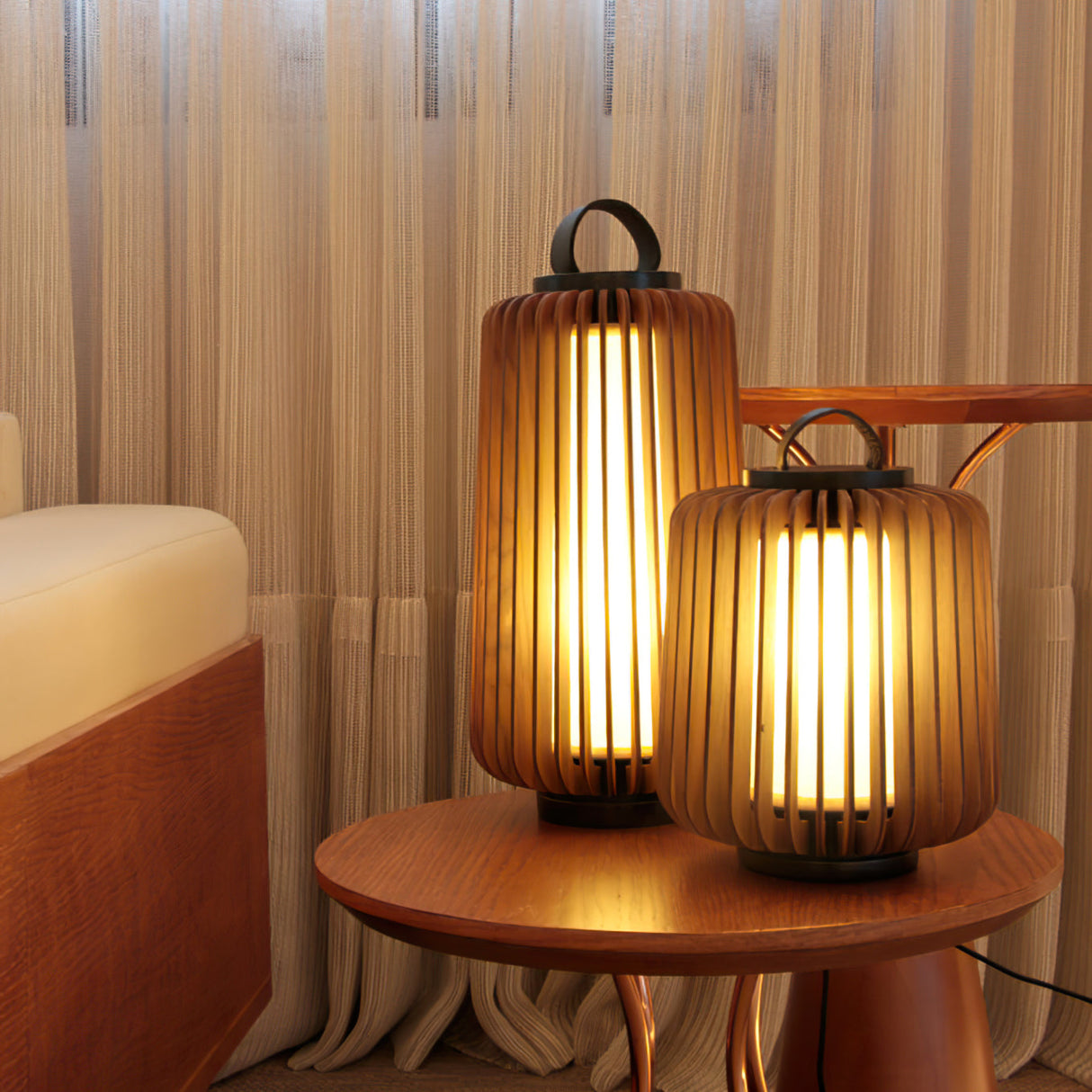 Modern Outdoor Table Lamp Wood Slat Lantern Design - Product example