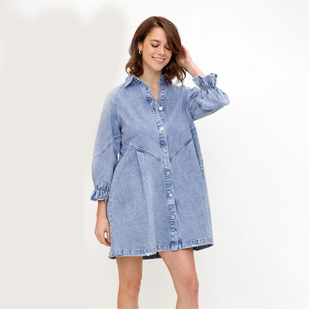 Vintage Denim Shirt Dress Lantern Sleeve Summer Style - Product detail 5