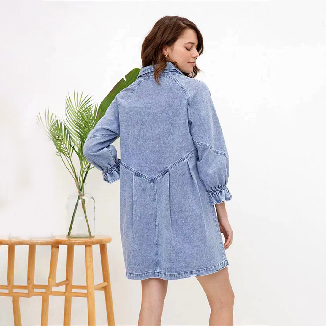 Vintage Denim Shirt Dress Lantern Sleeve Summer Style - Product detail 6