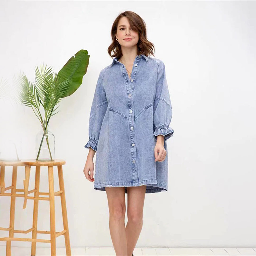 Vintage Denim Shirt Dress Lantern Sleeve Summer Style - Detailed view