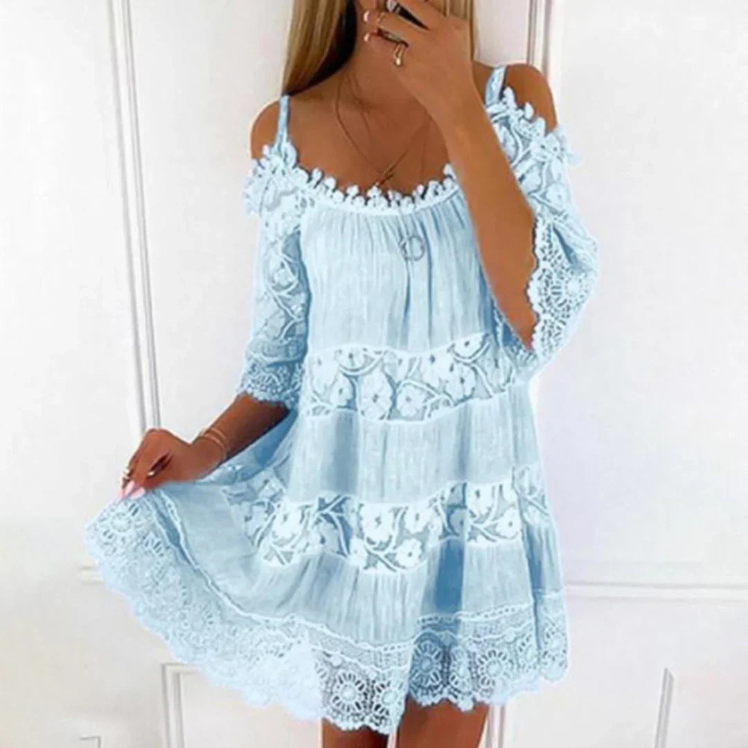 Boho Cotton Mini Dress Lace Embroidered Cold Shoulder Design - Product detail 8