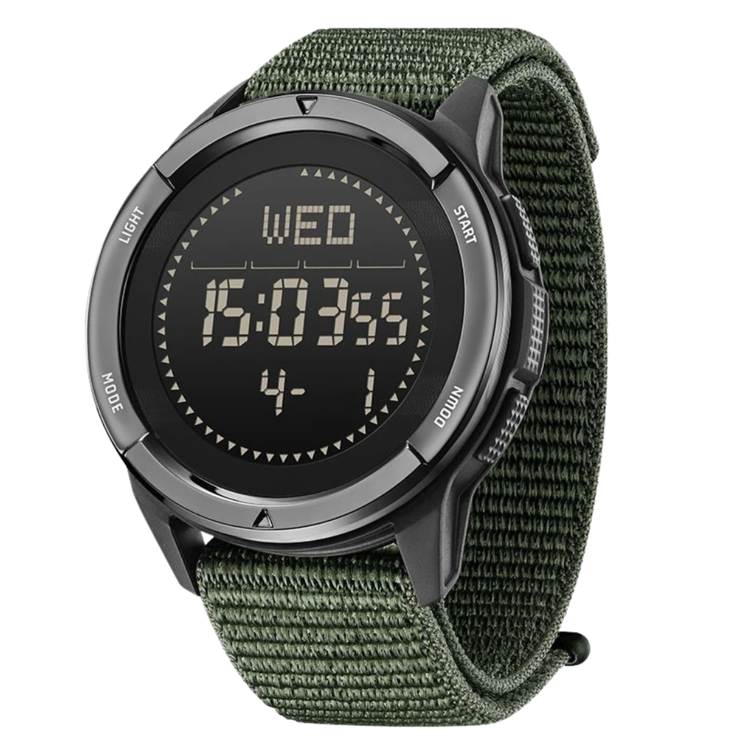 Digital Sports Watch Carbon Fiber Case with Military Green Strap - Detailed view