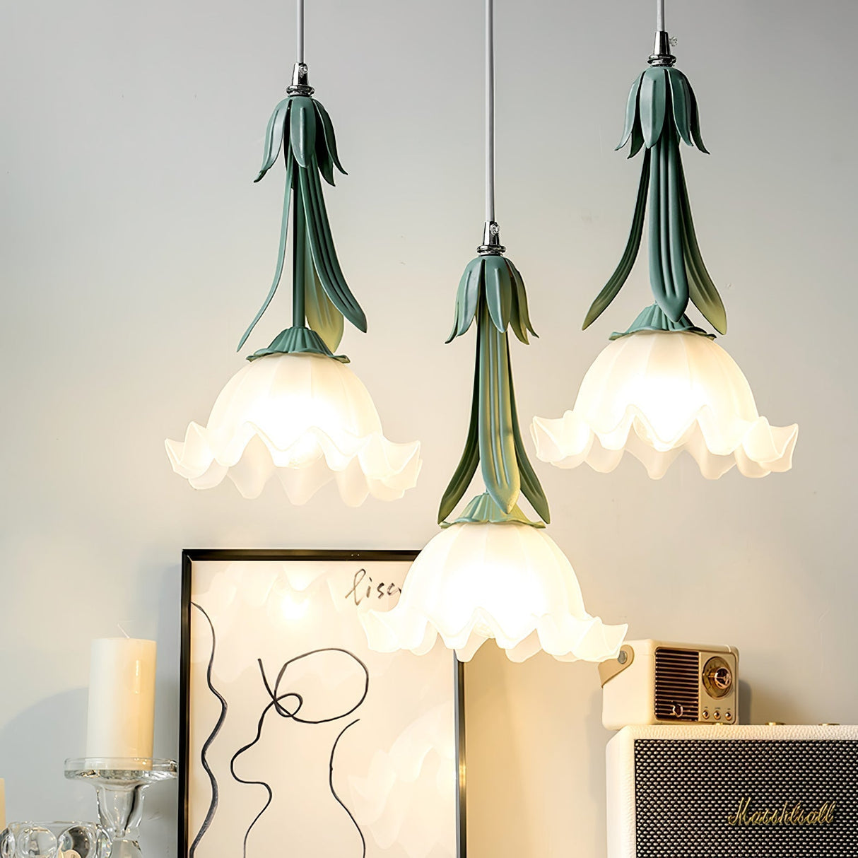 Floral Pendant Light Elegant Glass Bell Design - Product showcase