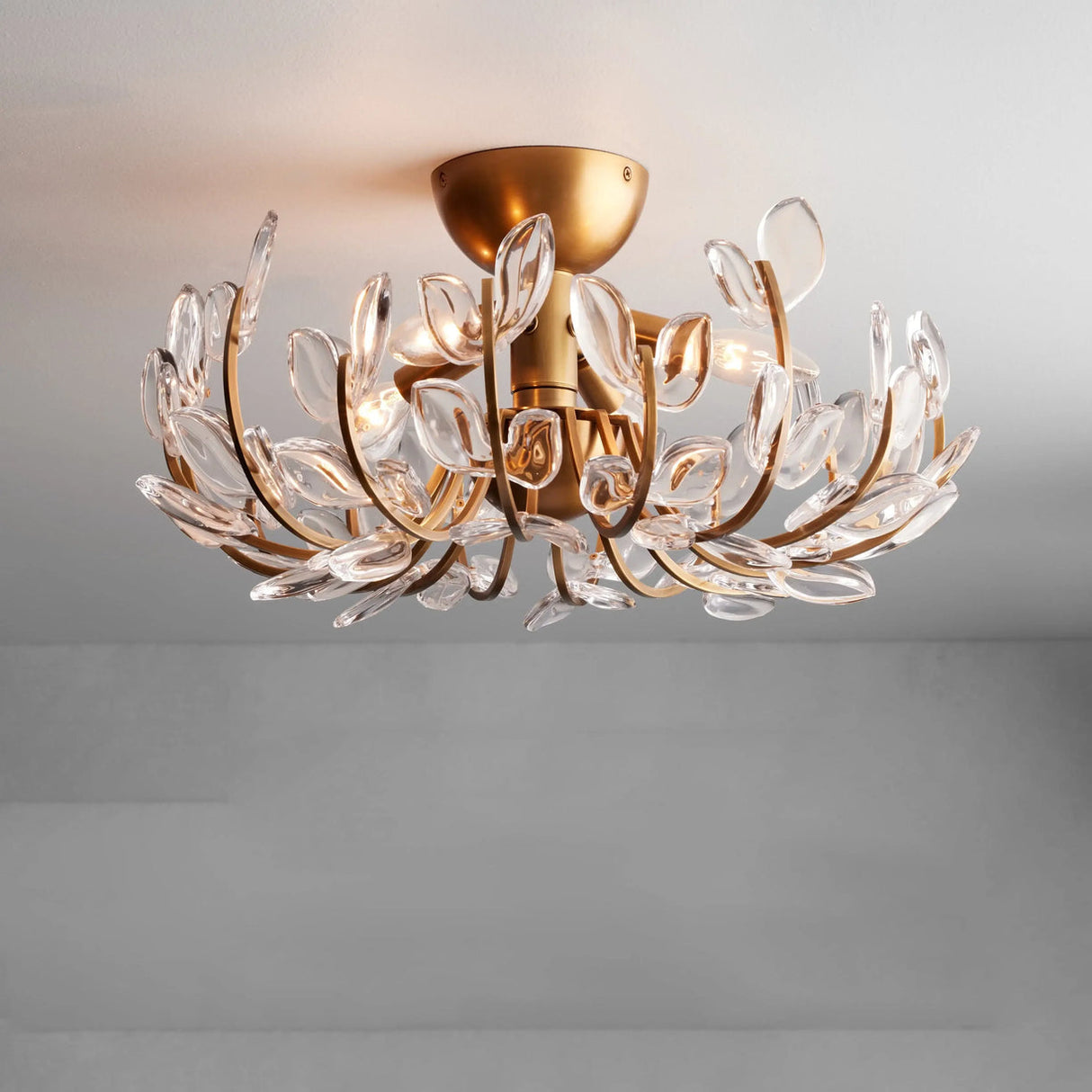 Floral Ceiling Light Crystal Glass Petals with Brass Base - Detailed view
